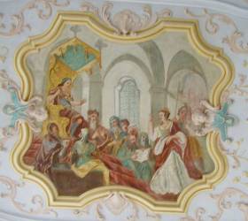 Deckenfresko:
 Glaubensbezeugung der hl. Katharina vor Kaiser Maxentius, um 1736